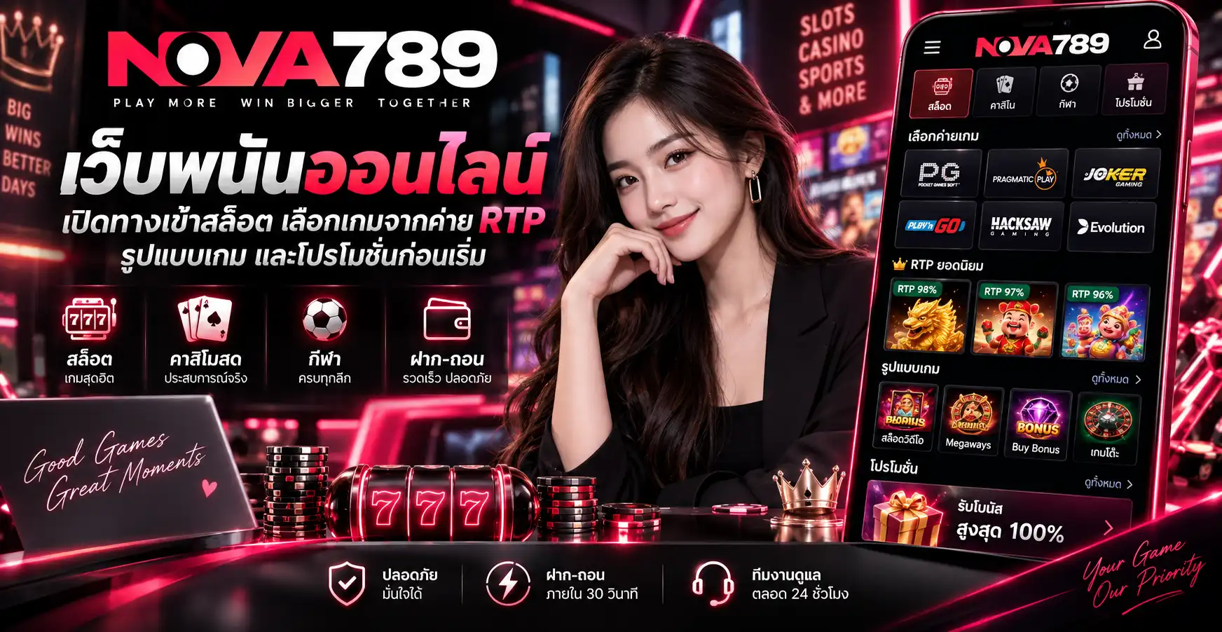 nova789 เว็บพนันออนไลน์ เปิดทางเข้าสล็อต เลือกเกมจากค่าย RTP รูปแบบเกม และโปรโมชั่นก่อนเริ่ม
